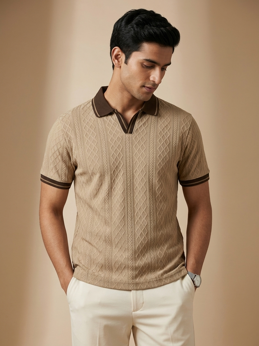 JAQUARD V NECK TEXTURE POLO