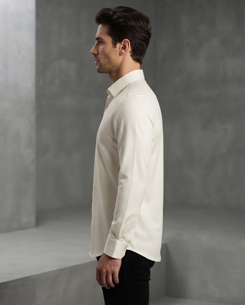 WHITE TEXTURED STITCHLESS FULL SLEEVE SHIRT