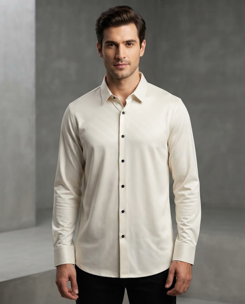WHITE TEXTURED STITCHLESS FULL SLEEVE SHIRT