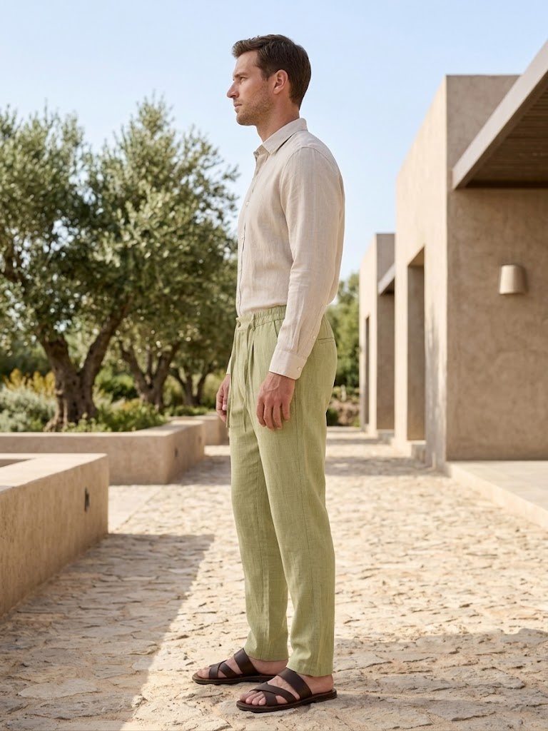 PURE LINEN HALF BELT ELASTIC TROUSER