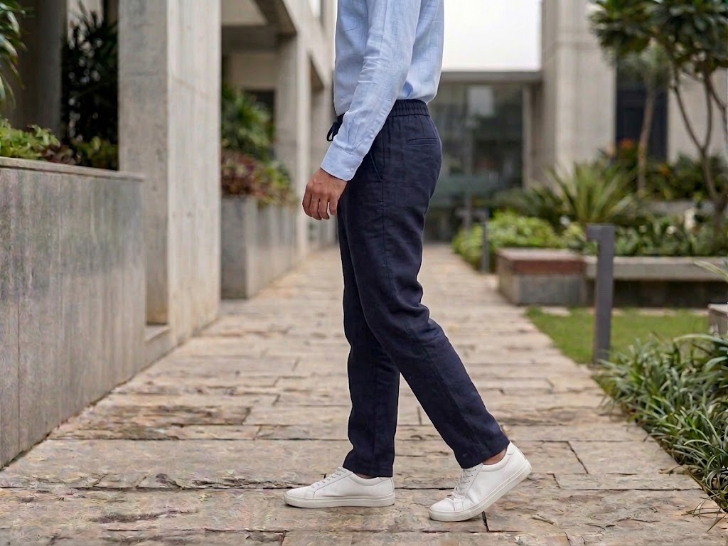 PURE LINEN HALF BELT ELASTIC TROUSER
