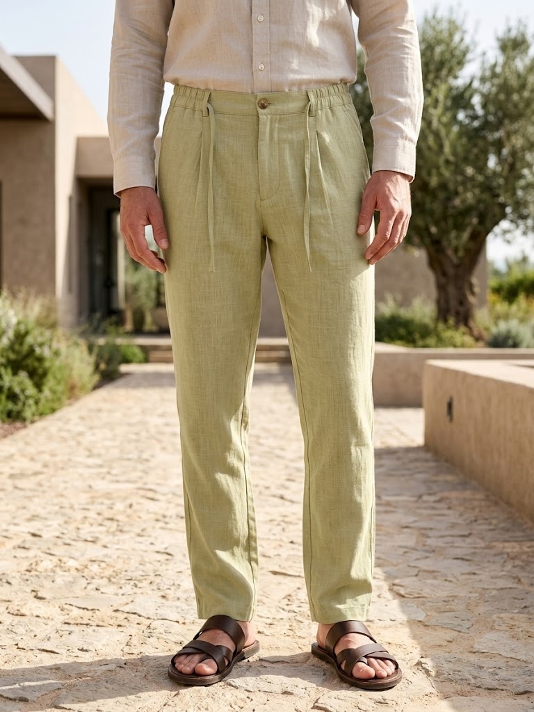PURE LINEN HALF BELT ELASTIC TROUSER