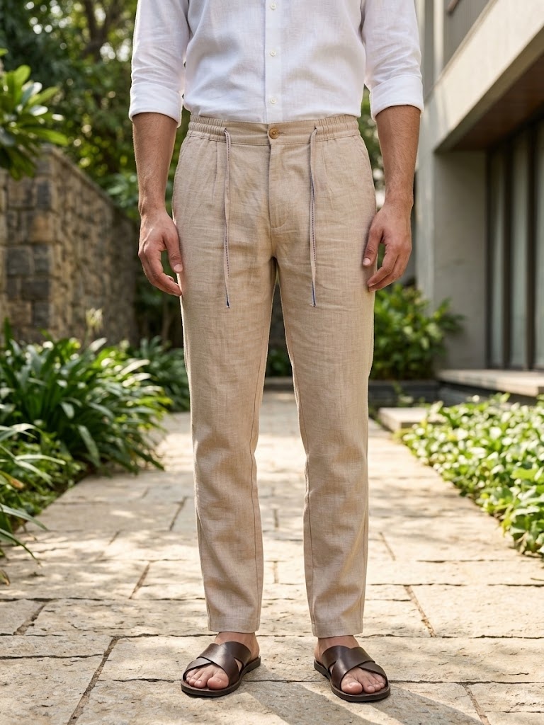 PURE LINEN HALF BELT ELASTIC TROUSER