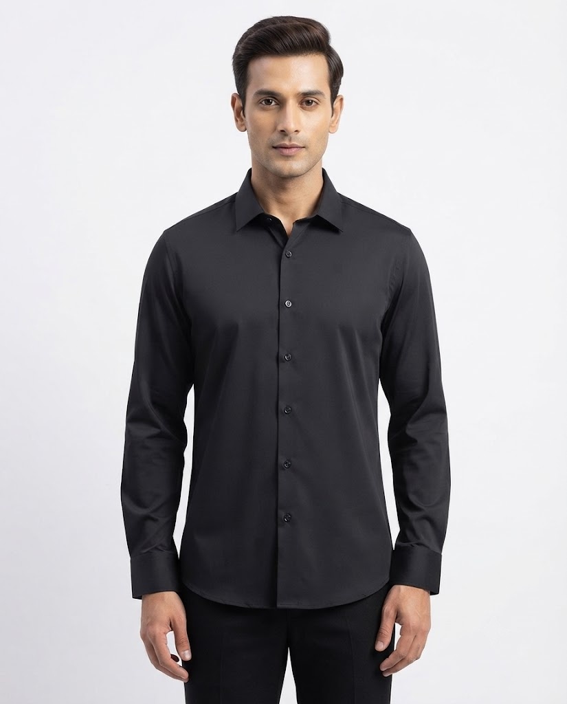 BLACK STITCHLESS RAYON FULL SLEEVE SHIRT